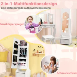 Kinder Schmuckschrank 3 in 1 Spiegelschrank neigbar mit Ganzkörperspiege Weiß