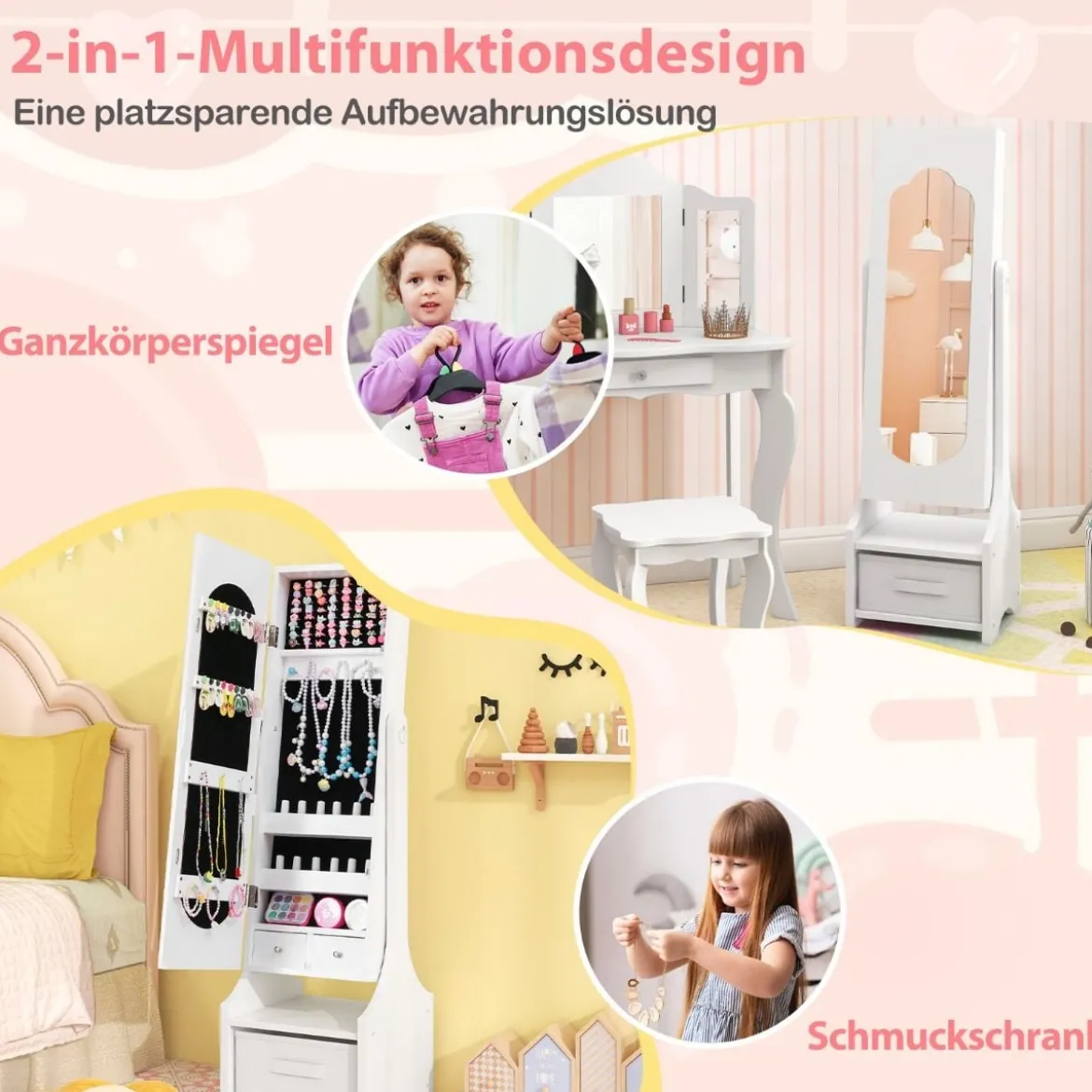 Kinder Schmuckschrank 3 in 1 Spiegelschrank neigbar mit Ganzkörperspiege Weiß