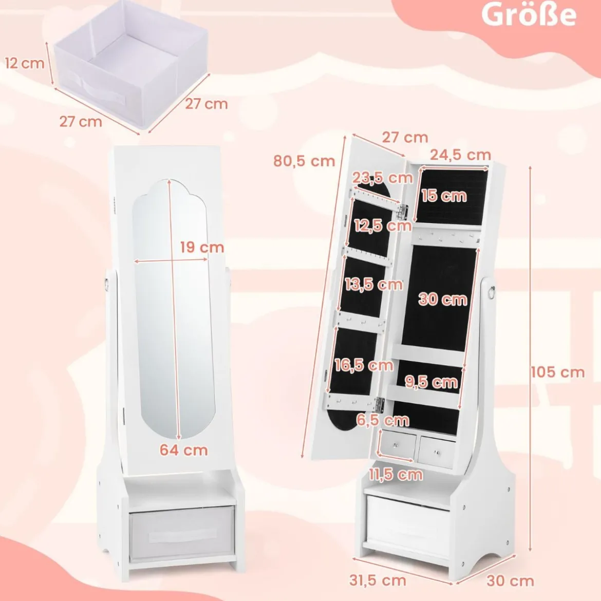 Kinder Schmuckschrank 3 in 1 Spiegelschrank neigbar mit Ganzkörperspiege Weiß