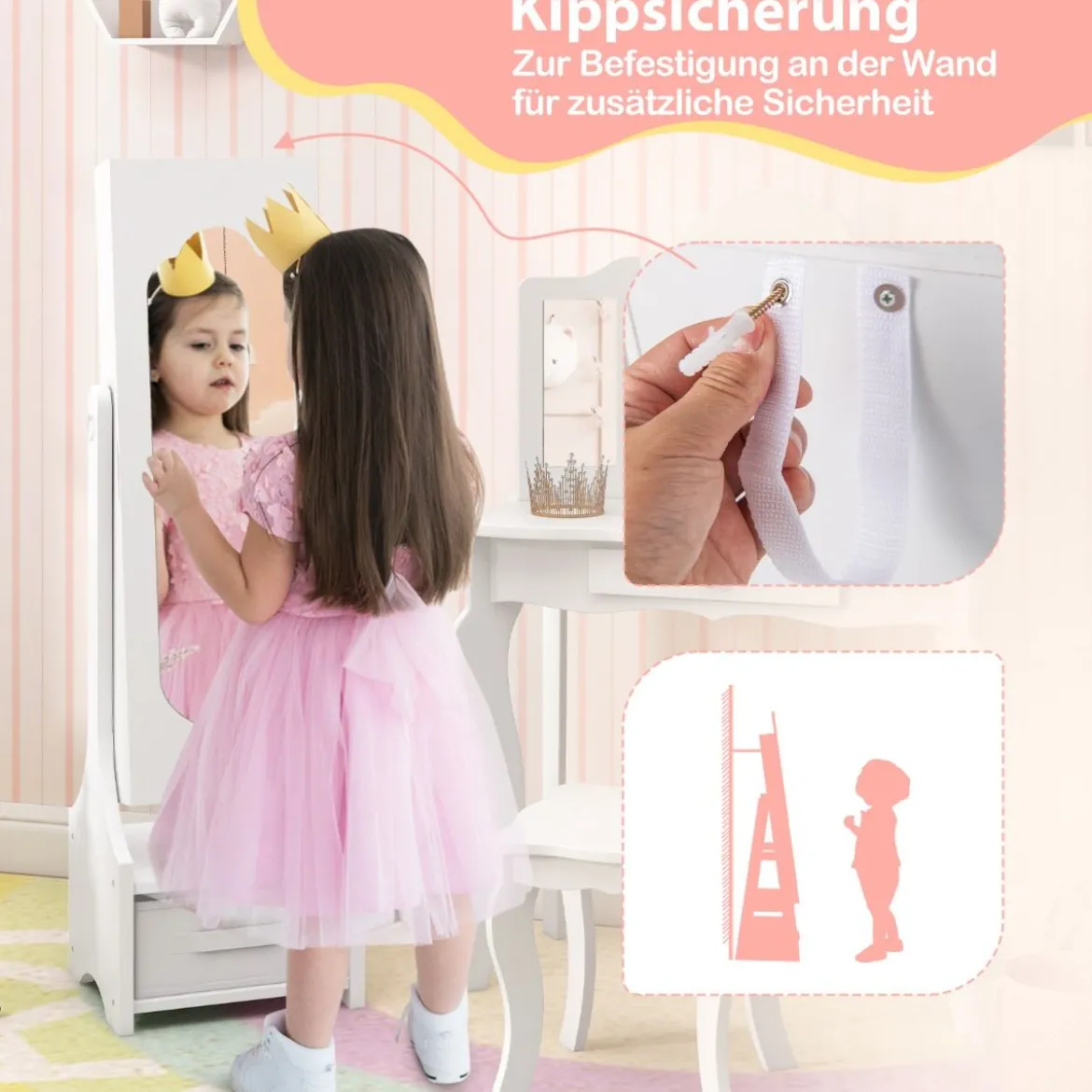 Kinder Schmuckschrank 3 in 1 Spiegelschrank neigbar mit Ganzkörperspiege Weiß