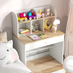 Kinder Schreibtisch aus Holz mit Schublade & Ablagefach Schülerschreibtisch Kindertisch Natur