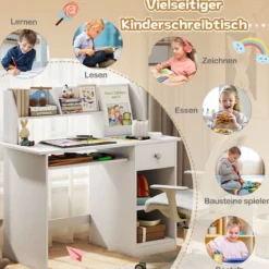 Kinderschreibtisch aus Holz mit Ablage & Bücherregal & Tastaturablage & Schublade Weiß