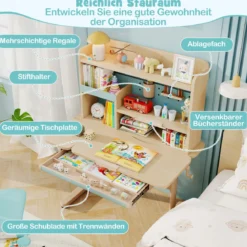 Kinderschreibtisch mit Regal & Schublade höhenverstellbarer Schülerschreibtisch mit neigbarer Tischplatte Blau/Rosa/Natur