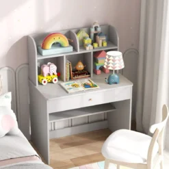 Kinder Schreibtisch mit Schublade & Ablagefach Holz Schülerschreibtisch Kindertisch Grau