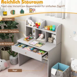 Kinder Schreibtisch mit Schublade & Ablagefach Holz Schülerschreibtisch Kindertisch Grau
