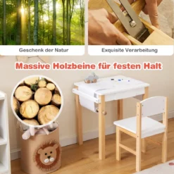 Kinderschreibtisch mit Stuhl Kindertisch-Set mit Schublade Weiß + Natur