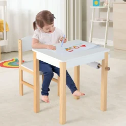 Kinderschreibtisch mit Stuhl Kindertisch-Set mit Schublade Weiß + Natur