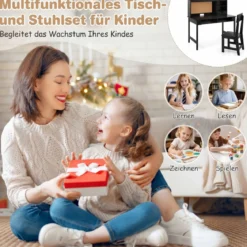 Kinderschreibtisch mit Stuhl Holz-Schülerschreibtisch mit Kork-Pinnwand Schublade Schwarz