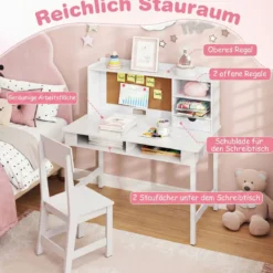 Kinderschreibtisch mit Stuhl Holz-Schülerschreibtisch mit Kork-Pinnwand Schublade Weiß