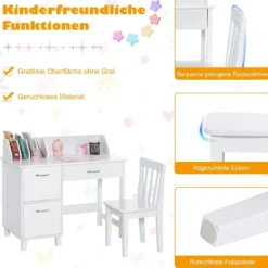 Kinderschreibtisch mit Stuhl Holz-Studenten Computerarbeitsplatz mit Buchteilern Weiß
