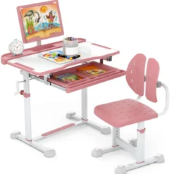 Kinder Schreibtisch mit Stuhl Höhenverstellbarer Kinderschreibtisch mit Neigbarer Tischplatte Rosa