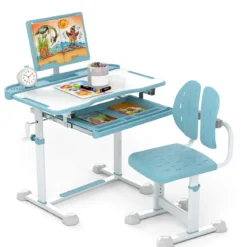 Kinder Schreibtisch mit Stuhl Höhenverstellbarer Kinderschreibtisch mit Neigbarer Tischplatte Blau