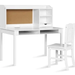 Kinderschreibtisch Set mit Pinnwand Schreibtisch Kinder mit Stuhl Jugendschreibtisch mit Aufsatz Schubladen & verstellbarem Regal Weiß