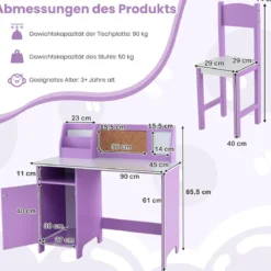 Kinderschreibtisch Set Schreibtisch Kinder mit Stuhl aus Holz Schülerschreibtisch mit Bücherregal Lila