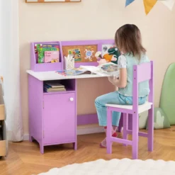 Kinderschreibtisch Set Schreibtisch Kinder mit Stuhl aus Holz Schülerschreibtisch mit Bücherregal Lila