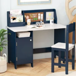Kinderschreibtisch Set Schreibtisch Kinder mit Stuhl aus Holz Schülerschreibtisch mit Bücherregal Blau