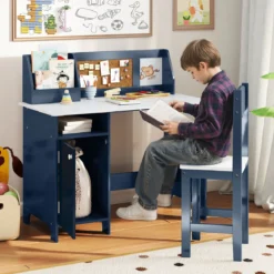 Kinderschreibtisch Set Schreibtisch Kinder mit Stuhl aus Holz Schülerschreibtisch mit Bücherregal Blau