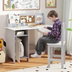 Kinderschreibtisch Set Schreibtisch Kinder mit Stuhl aus Holz Schülerschreibtisch mit Bücherregal Grau