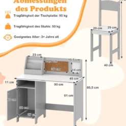 Kinderschreibtisch Set Schreibtisch Kinder mit Stuhl aus Holz Schülerschreibtisch mit Bücherregal Grau