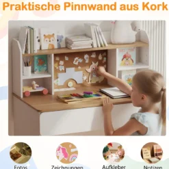 Kinderschreibtisch stabiler Holzschreibtisch mit Kork-Pinnwand Ladestation geräumigem Schreibtisch Weiß