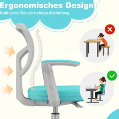 Kinder Schreibtischstuhl mit 41-52 cm Höhenverstellbarer Sitzhöhe Kinderdrehstuhl mit Rollen Türkis
