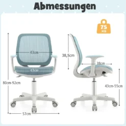 Kinder Schreibtischstuhl mit 43-55cm Verstellbarer Sitzhöhe Ergonomischer Kinderdrehstuhl auf Rollen