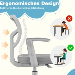 Kinder Schreibtischstuhl mit 41-52 cm Höhenverstellbarer Sitzhöhe Kinderdrehstuhl mit Rollen Grau