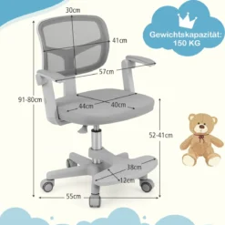 Kinder Schreibtischstuhl mit 41-52 cm Höhenverstellbarer Sitzhöhe Kinderdrehstuhl mit Rollen Grau