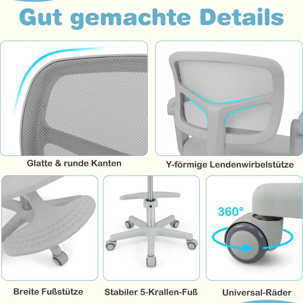 Kinder Schreibtischstuhl mit 41-52 cm Höhenverstellbarer Sitzhöhe Kinderdrehstuhl mit Rollen Grau
