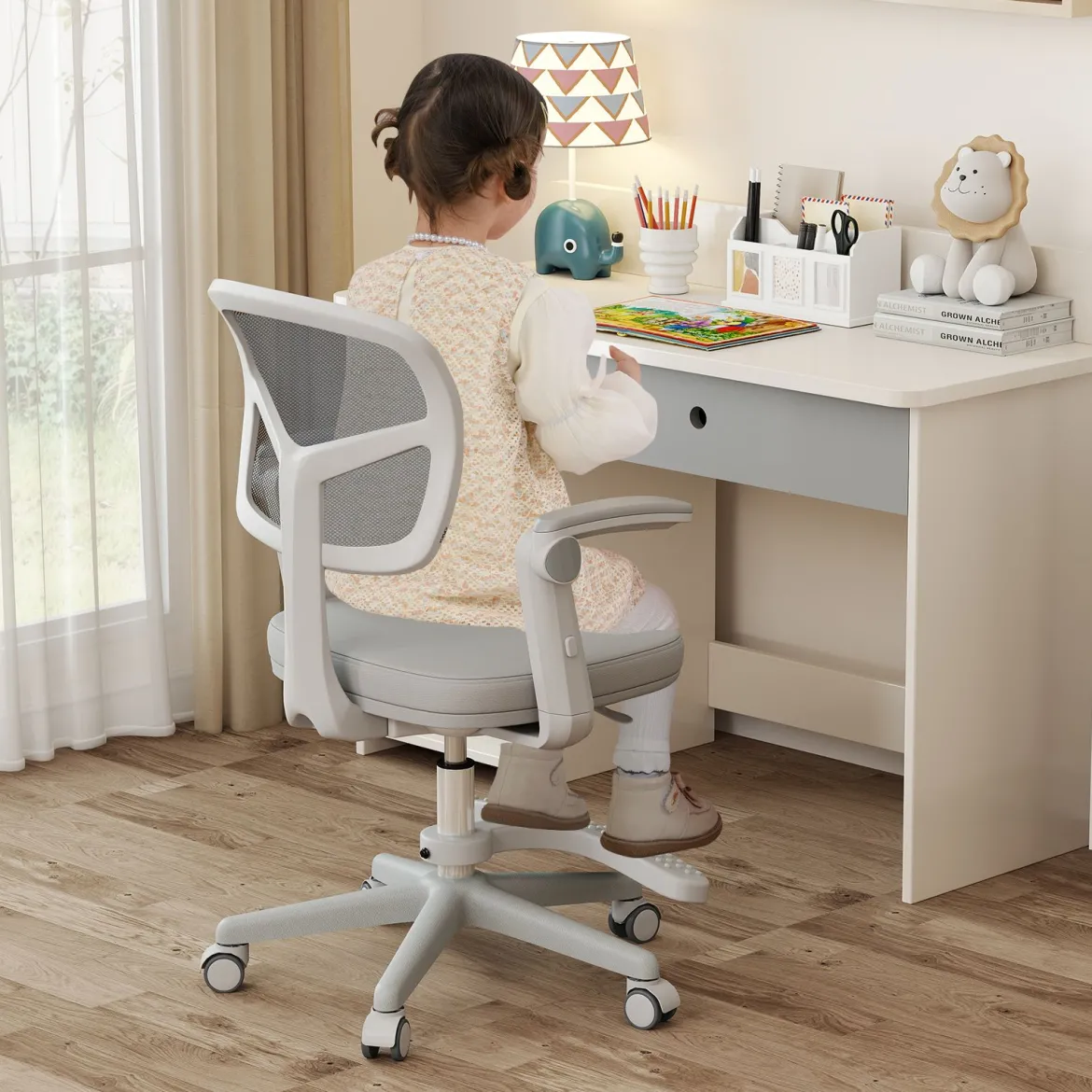 Kinder Schreibtischstuhl mit 41-52 cm Höhenverstellbarer Sitzhöhe Kinderdrehstuhl mit Rollen Grau