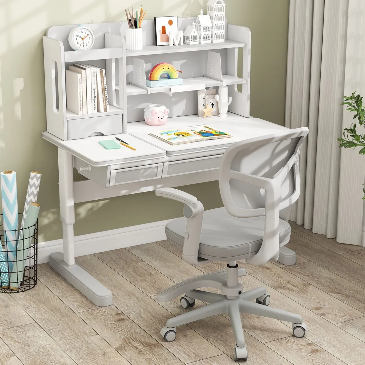 Kinder Schreibtischstuhl mit 41-52 cm Höhenverstellbarer Sitzhöhe Kinderdrehstuhl mit Rollen Grau