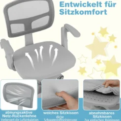 Kinder Schreibtischstuhl mit 41-52 cm Höhenverstellbarer Sitzhöhe Kinderdrehstuhl mit Rollen Grau
