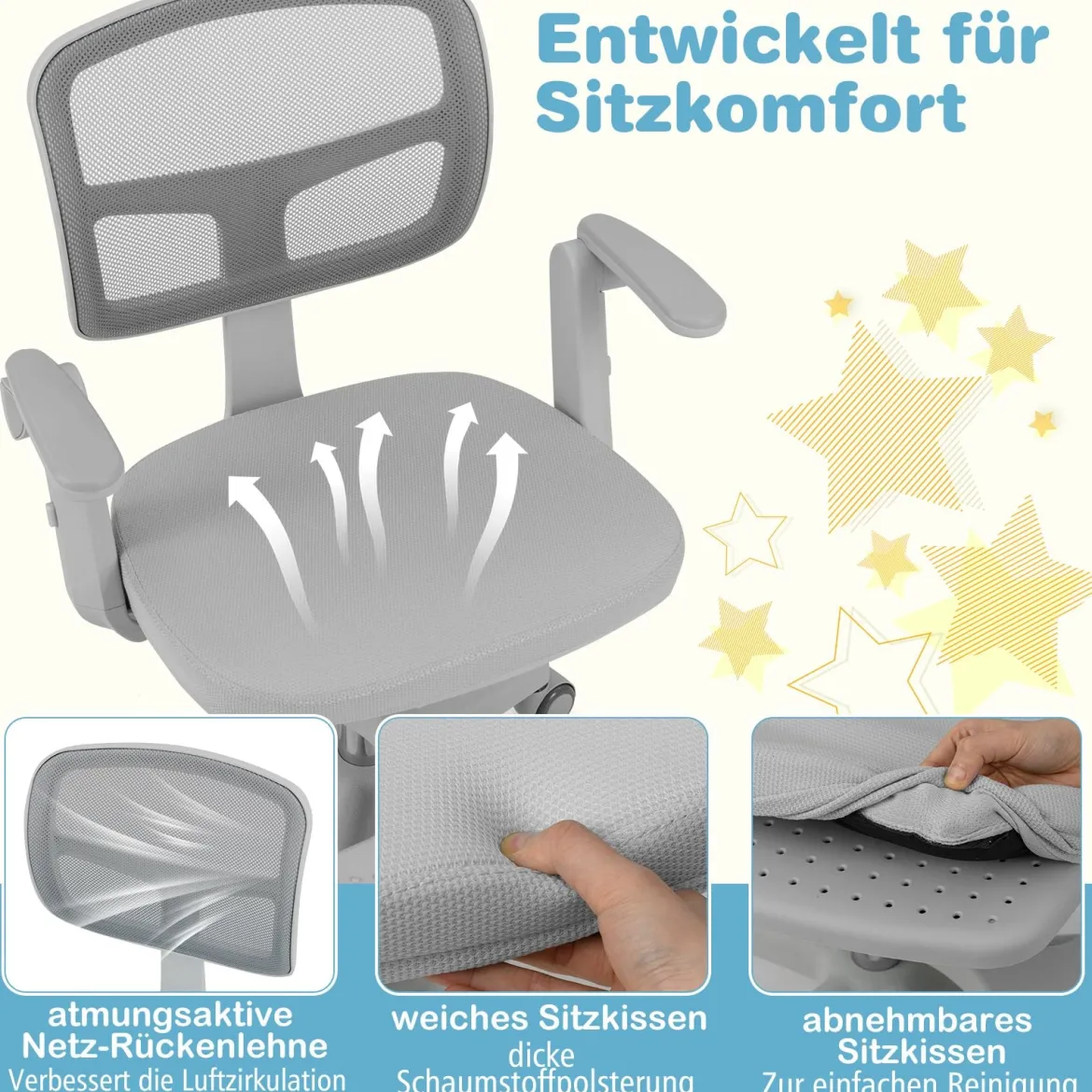 Kinder Schreibtischstuhl mit 41-52 cm Höhenverstellbarer Sitzhöhe Kinderdrehstuhl mit Rollen Grau