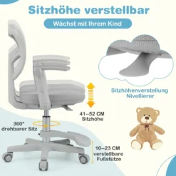 Kinder Schreibtischstuhl mit 41-52 cm Höhenverstellbarer Sitzhöhe Kinderdrehstuhl mit Rollen Grau