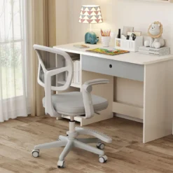 Kinder Schreibtischstuhl mit 41-52 cm Höhenverstellbarer Sitzhöhe Kinderdrehstuhl mit Rollen Grau