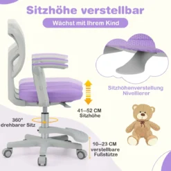 Kinder Schreibtischstuhl mit 41-52 cm Höhenverstellbarer Sitzhöhe Kinderdrehstuhl mit Rollen Violett