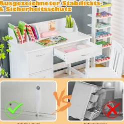 Kinderschreibtisch- und Stuhl-Set Studiertisch mit Schublade und Aufbewahrungsschränken Weiß