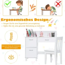 Kinderschreibtisch- und Stuhl-Set Studiertisch mit Schublade und Aufbewahrungsschränken Weiß