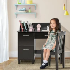 Kinderschreibtisch und Stuhl Set mit Schublade und Aufbewahrungsschränken Kindersitzgruppe Holz