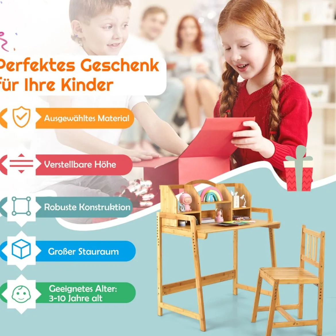 Kinderschreibtisch und Stuhl aus Bambus Höhenverstellbarer Schülerschreibtisch und -stuhl Natur
