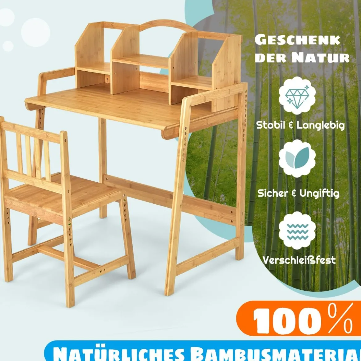 Kinderschreibtisch und Stuhl aus Bambus Höhenverstellbarer Schülerschreibtisch und -stuhl Natur