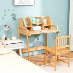 Kinderschreibtisch und Stuhl aus Bambus Höhenverstellbarer Schülerschreibtisch und -stuhl Natur