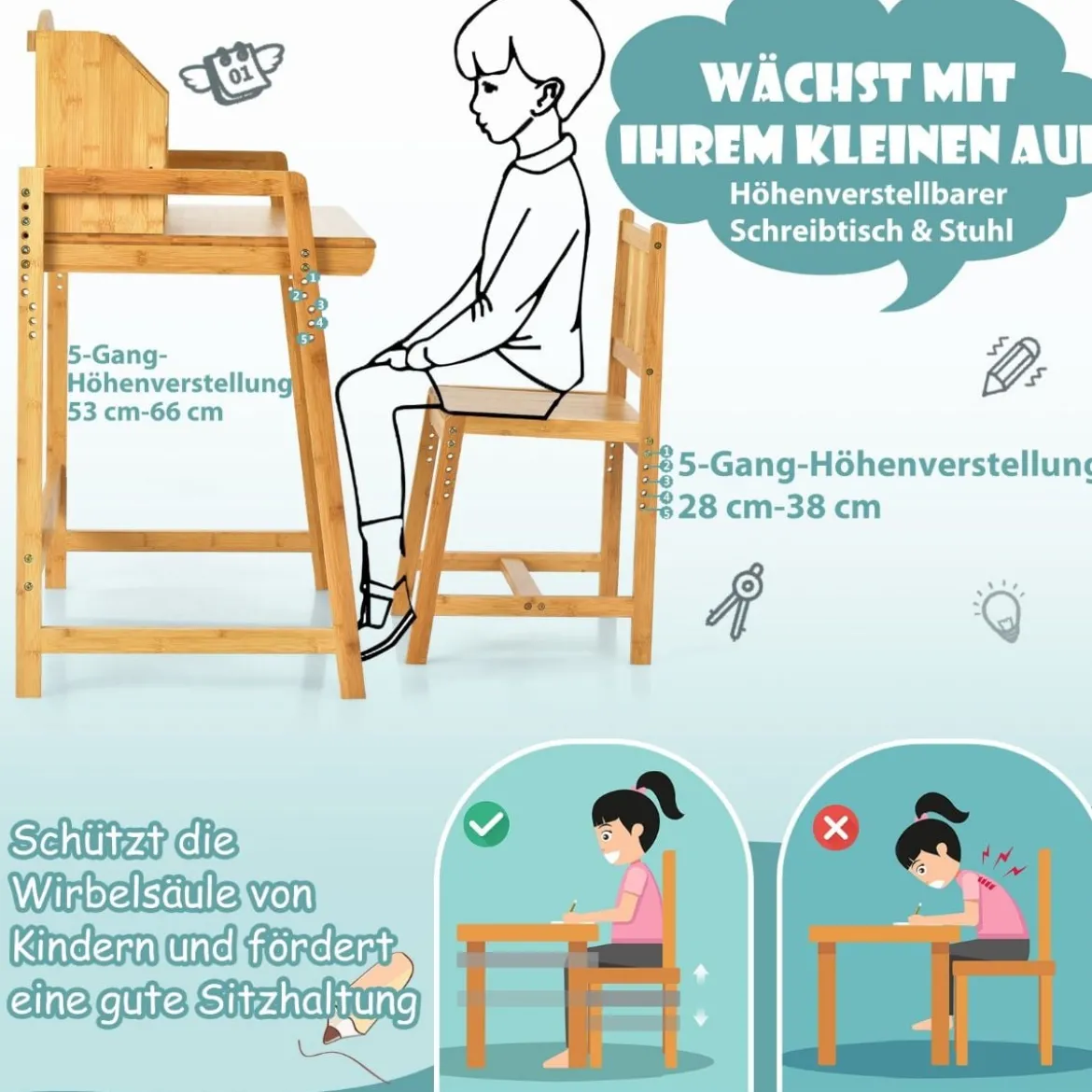 Kinderschreibtisch und Stuhl aus Bambus Höhenverstellbarer Schülerschreibtisch und -stuhl Natur