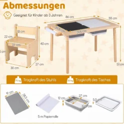 Kindersitzgruppe aus Holz Kindertisch und Stuhl Set aus Höhenverstellbarem Kindertisch und 2 Stühlen