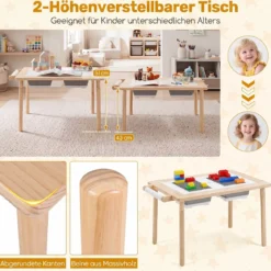 Kindersitzgruppe aus Holz Kindertisch und Stuhl Set aus Höhenverstellbarem Kindertisch und 2 Stühlen