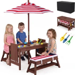 Kindersitzgruppe aus Holz mit Sonnenschirm Kinder Picknicktisch mit 2 Bänke Abnehmbarem Sitzkissen