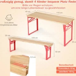 Kindersitzgruppe Faltbare Sitzgruppe mit Picknicktisch & 2 Kinderbänken Kindertisch & Sitzbank