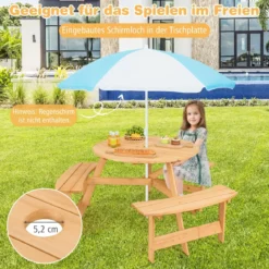 Kindersitzgruppe Kinder Picknicktisch mit Bänke & Schirmloch Kindersitzgarnitur aus Holz Natur