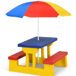 Kinder Sitzgruppe Kindertisch Picknickbank mit Sonnenschirm