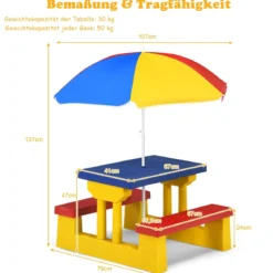 Kinder Sitzgruppe Kindertisch Picknickbank mit Sonnenschirm